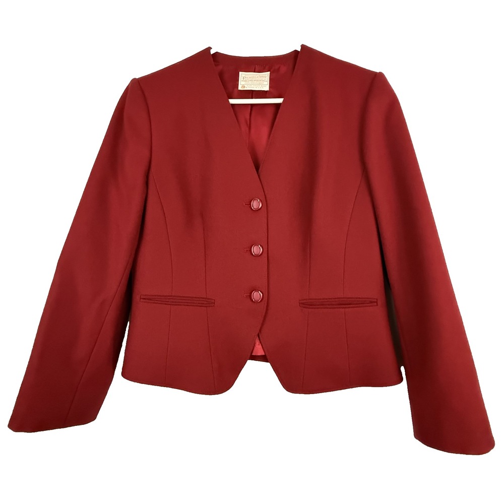 Pendleton Blazer Women 6 Red Wool Collarless Button Up‎ Vintage